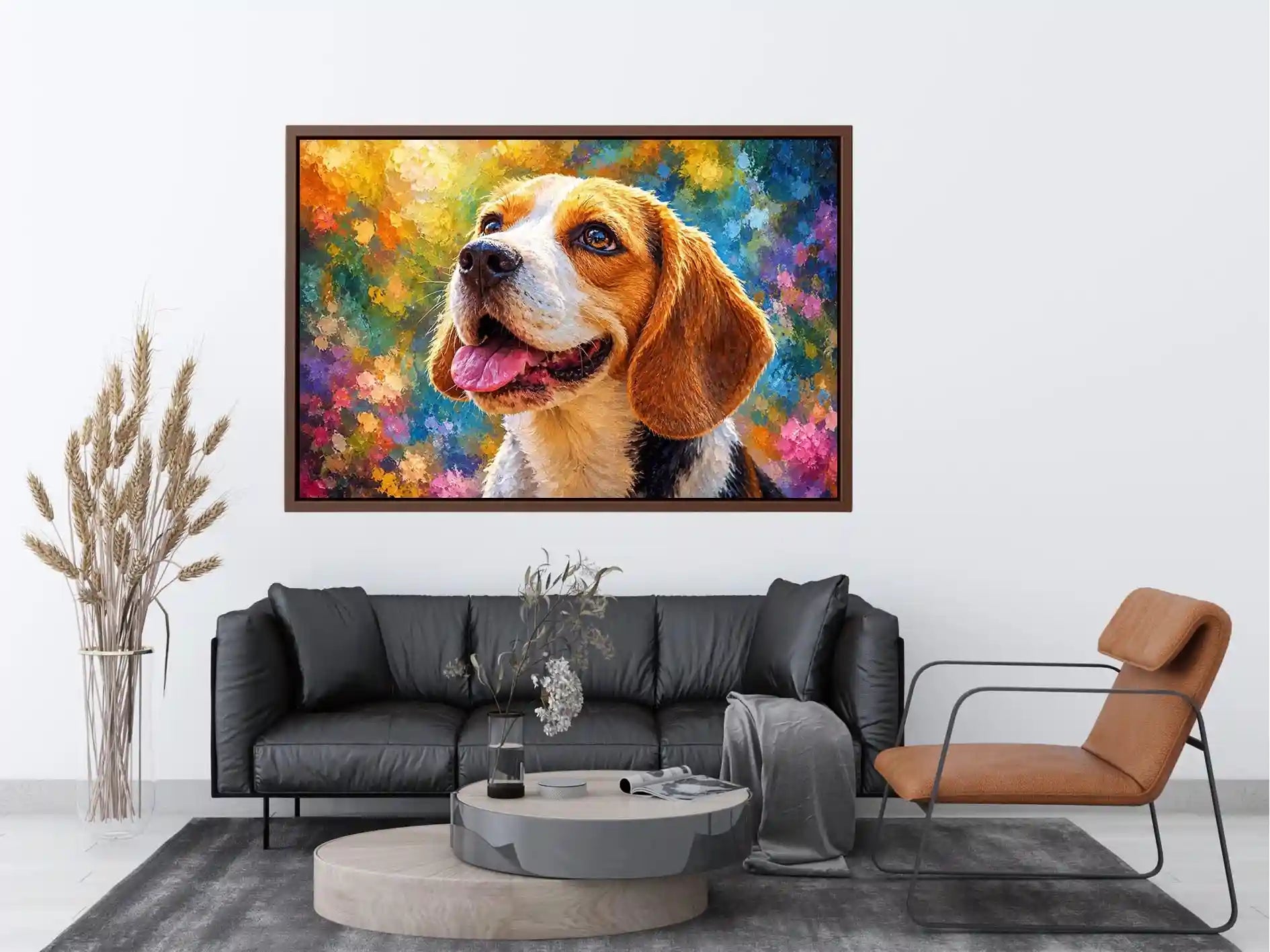 Beagle dog canvas print with painterly color for warm living room decor.