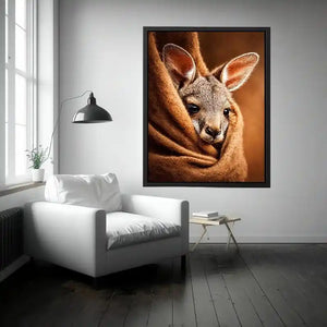 Baby kangaroo canvas art in warm earthy tones for cozy nursery decor.