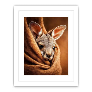 Baby kangaroo canvas art in warm earthy tones for cozy nursery decor.