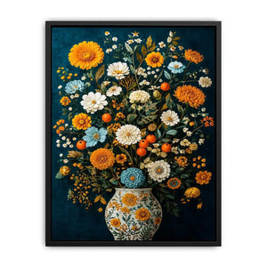 Vintage floral vase canvas print with orange blooms for elegant dining room decor.