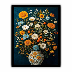 Vintage floral vase canvas print with orange blooms for elegant dining room decor.