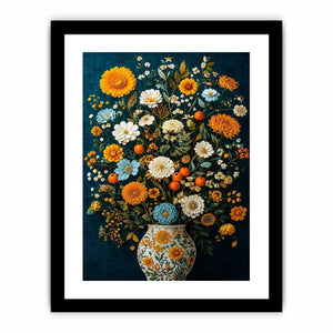 Vintage floral vase canvas print with orange blooms for elegant dining room decor.