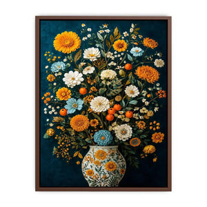 Vintage floral vase canvas print with orange blooms for elegant dining room decor.