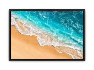 Aerial beach canvas print with aqua ocean waves for coastal living room decor.