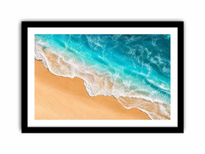 Aerial beach canvas print with aqua ocean waves for coastal living room decor.