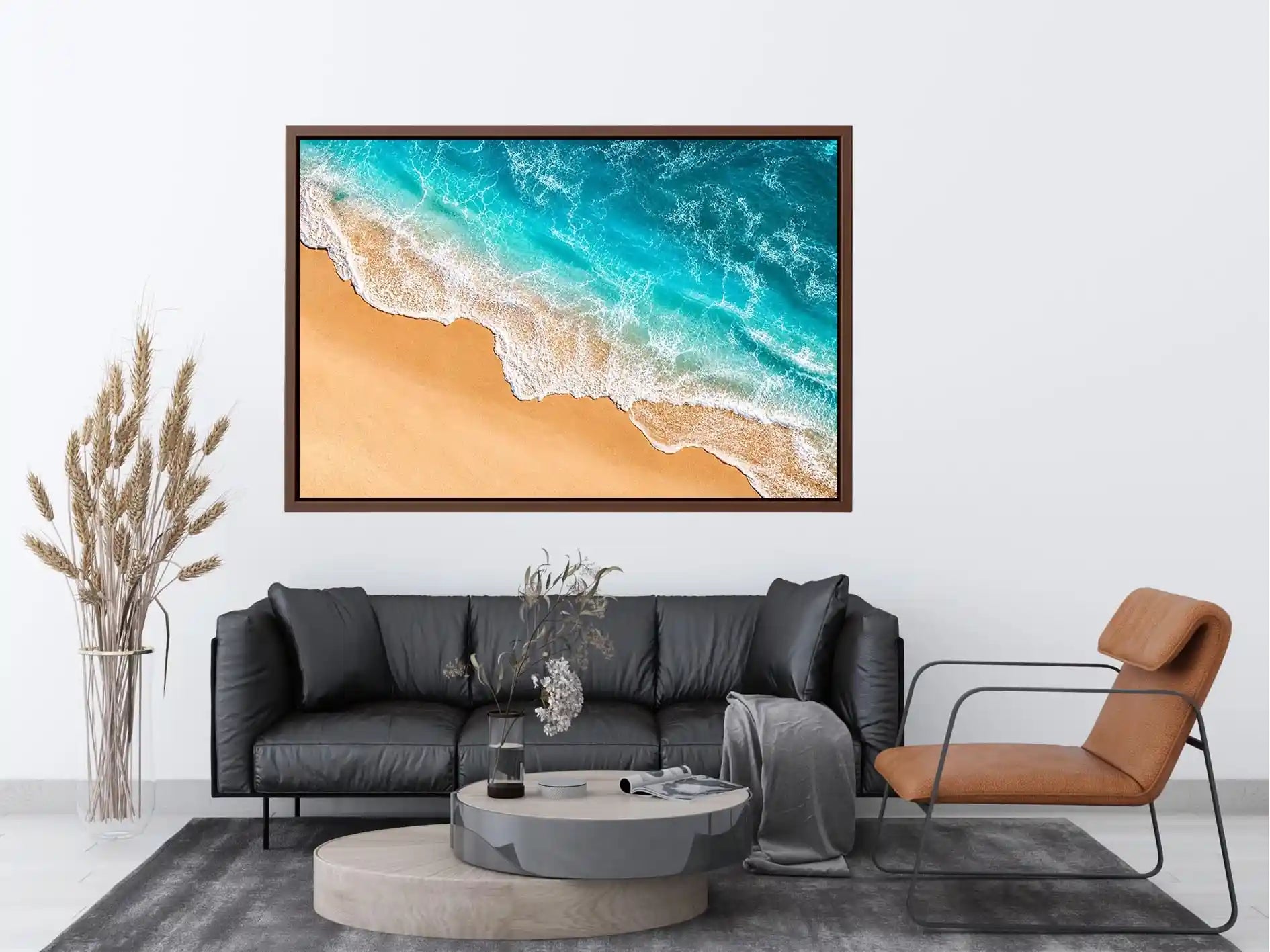 Aerial beach canvas print with aqua ocean waves for coastal living room decor.