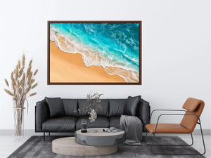 Aerial beach canvas print with aqua ocean waves for coastal living room decor.