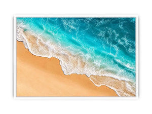 Aerial beach canvas print with aqua ocean waves for coastal living room decor.