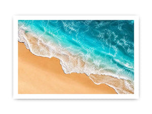 Aerial beach canvas print with aqua ocean waves for coastal living room decor.