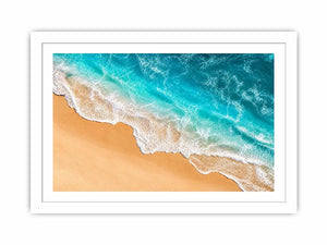 Aerial beach canvas print with aqua ocean waves for coastal living room decor.