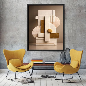 Neutral marble geometric wall art with gold accents for modern luxury living room decor.