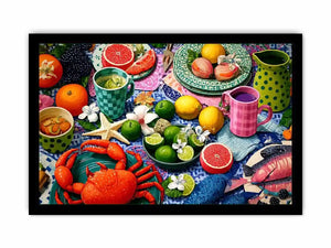 Mediterranean seafood feast still life canvas print with crab fish citrus fruits patterned plates and colorful coastal table setting