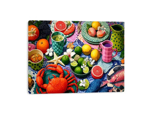Mediterranean seafood feast still life canvas print with crab fish citrus fruits patterned plates and colorful coastal table setting