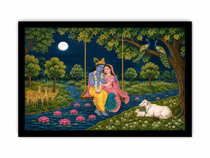 Radha Krishna moonlit swing canvas print with river peacocks cows deer lotus flowers and peaceful Vrindavan forest scene