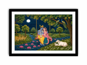 Radha Krishna moonlit swing canvas print with river peacocks cows deer lotus flowers and peaceful Vrindavan forest scene