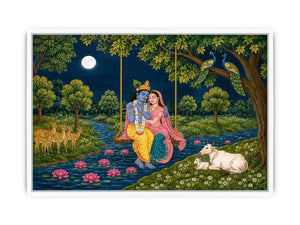 Radha Krishna moonlit swing canvas print with river peacocks cows deer lotus flowers and peaceful Vrindavan forest scene