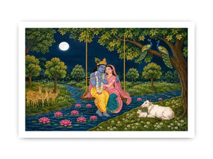Radha Krishna moonlit swing canvas print with river peacocks cows deer lotus flowers and peaceful Vrindavan forest scene