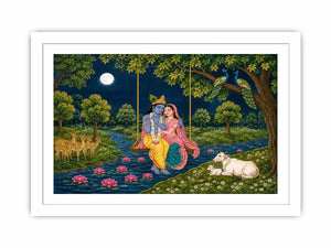 Radha Krishna moonlit swing canvas print with river peacocks cows deer lotus flowers and peaceful Vrindavan forest scene
