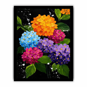 Colorful hydrangea bouquet canvas print with orange blue pink purple flowers green leaves black background and paint splatter details