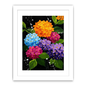 Colorful hydrangea bouquet canvas print with orange blue pink purple flowers green leaves black background and paint splatter details