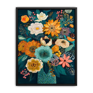 Teal botanical flower bouquet canvas print with orange white pink flowers blue succulent teal leaves berries and decorative floral details