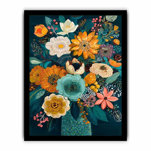 Teal botanical flower bouquet canvas print with orange white pink flowers blue succulent teal leaves berries and decorative floral details