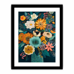 Teal botanical flower bouquet canvas print with orange white pink flowers blue succulent teal leaves berries and decorative floral details