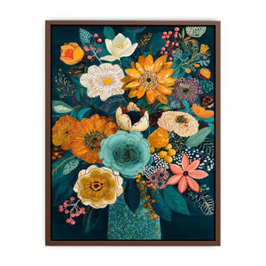 Teal botanical flower bouquet canvas print with orange white pink flowers blue succulent teal leaves berries and decorative floral details
