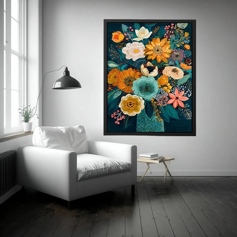 Teal botanical flower bouquet canvas print with orange white pink flowers blue succulent teal leaves berries and decorative floral details