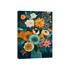 Teal botanical flower bouquet canvas print with orange white pink flowers blue succulent teal leaves berries and decorative floral details