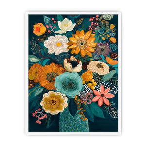 Teal botanical flower bouquet canvas print with orange white pink flowers blue succulent teal leaves berries and decorative floral details