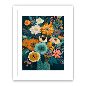 Teal botanical flower bouquet canvas print with orange white pink flowers blue succulent teal leaves berries and decorative floral details