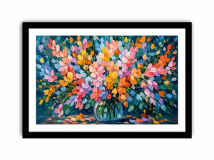 Abstract pastel flower field canvas print with expressive pink teal blue orange yellow and green brushstrokes in a blooming garden style