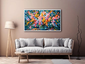 Abstract pastel flower field canvas print with expressive pink teal blue orange yellow and green brushstrokes in a blooming garden style