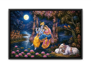 Radha Krishna moonlight Vrindavan canvas print with floral swing river lotus flowers deer peacocks cows and romantic devotional forest scene