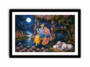Radha Krishna moonlight Vrindavan canvas print with floral swing river lotus flowers deer peacocks cows and romantic devotional forest scene