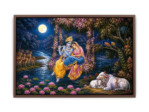 Radha Krishna moonlight Vrindavan canvas print with floral swing river lotus flowers deer peacocks cows and romantic devotional forest scene