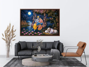 Radha Krishna moonlight Vrindavan canvas print with floral swing river lotus flowers deer peacocks cows and romantic devotional forest scene