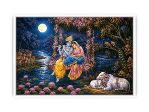 Radha Krishna moonlight Vrindavan canvas print with floral swing river lotus flowers deer peacocks cows and romantic devotional forest scene