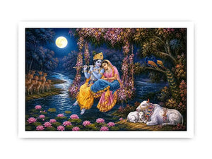 Radha Krishna moonlight Vrindavan canvas print with floral swing river lotus flowers deer peacocks cows and romantic devotional forest scene