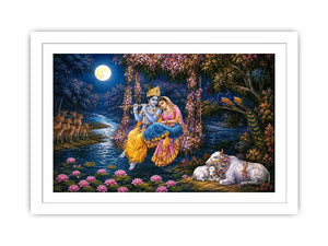 Radha Krishna moonlight Vrindavan canvas print with floral swing river lotus flowers deer peacocks cows and romantic devotional forest scene