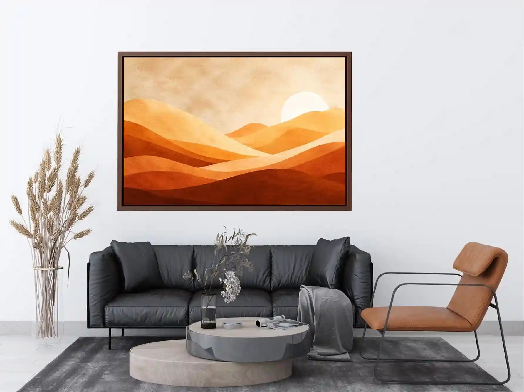 Minimalist desert dunes canvas print with warm terracotta beige rolling sand hills soft sun and textured neutral landscape design