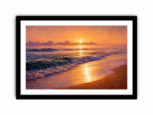 Golden sunset ocean waves canvas print with glowing beach shoreline rolling surf and warm sunlight reflecting on the sea