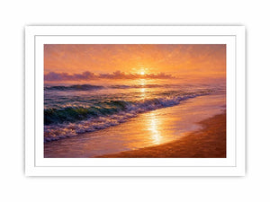 Golden sunset ocean waves canvas print with glowing beach shoreline rolling surf and warm sunlight reflecting on the sea