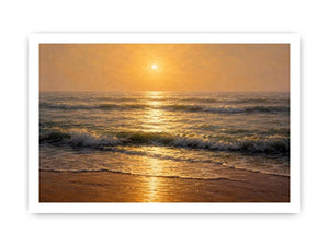 Soft golden sunrise ocean canvas print with gentle waves hazy horizon warm sunlight and textured seascape brushstrokes