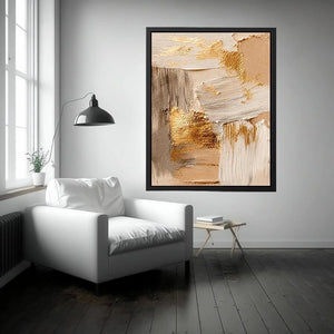 Neutral gold textured abstract canvas print with beige cream gray white brushstrokes and metallic gold accents in modern contemporary style