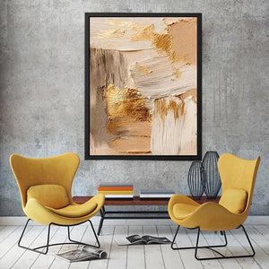 Neutral gold textured abstract canvas print with beige cream gray white brushstrokes and metallic gold accents in modern contemporary style