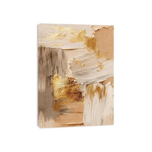Neutral gold textured abstract canvas print with beige cream gray white brushstrokes and metallic gold accents in modern contemporary style