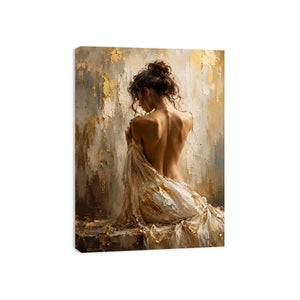 Elegant figurative woman canvas art in gold tones for luxury bedroom decor.