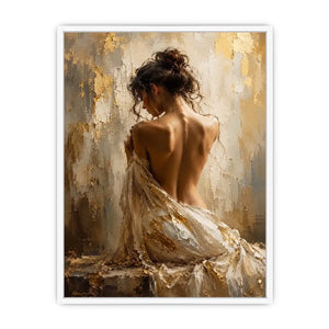 Elegant figurative woman canvas art in gold tones for luxury bedroom decor.